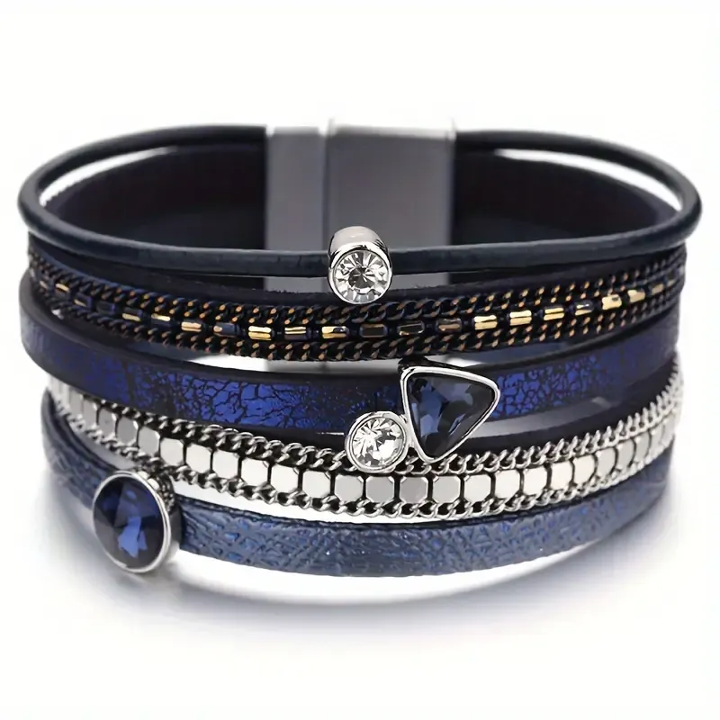Navy Blue Vegan Leather/Crystal/Chain Magnetic Bracelet