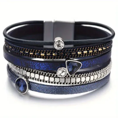 Navy Blue Vegan Leather/Crystal/Chain Magnetic Bracelet
