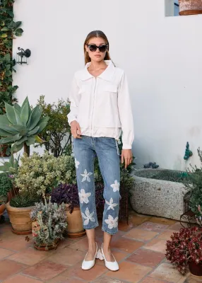 Washed Cropped Denim /Whimsical Floral Embroidery
