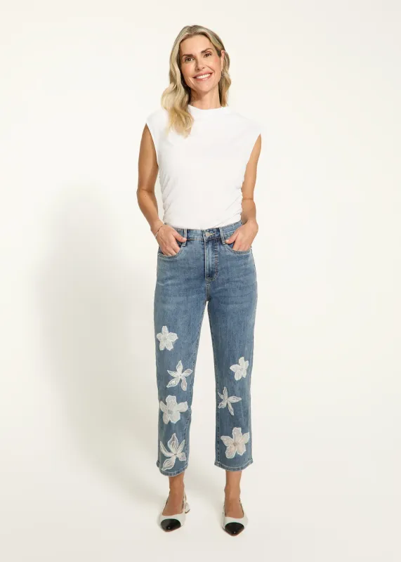 Washed Cropped Denim /Whimsical Floral Embroidery