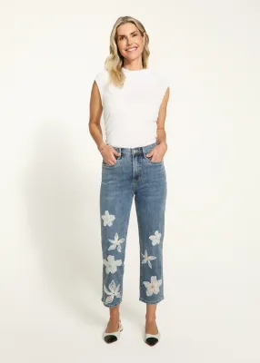 Washed Cropped Denim /Whimsical Floral Embroidery