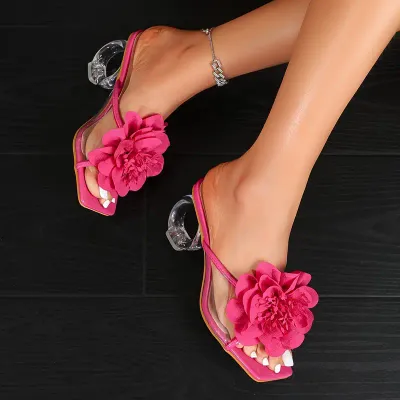 Comfortable Fuchsia  3D Flower Acrylic Heel Shoe