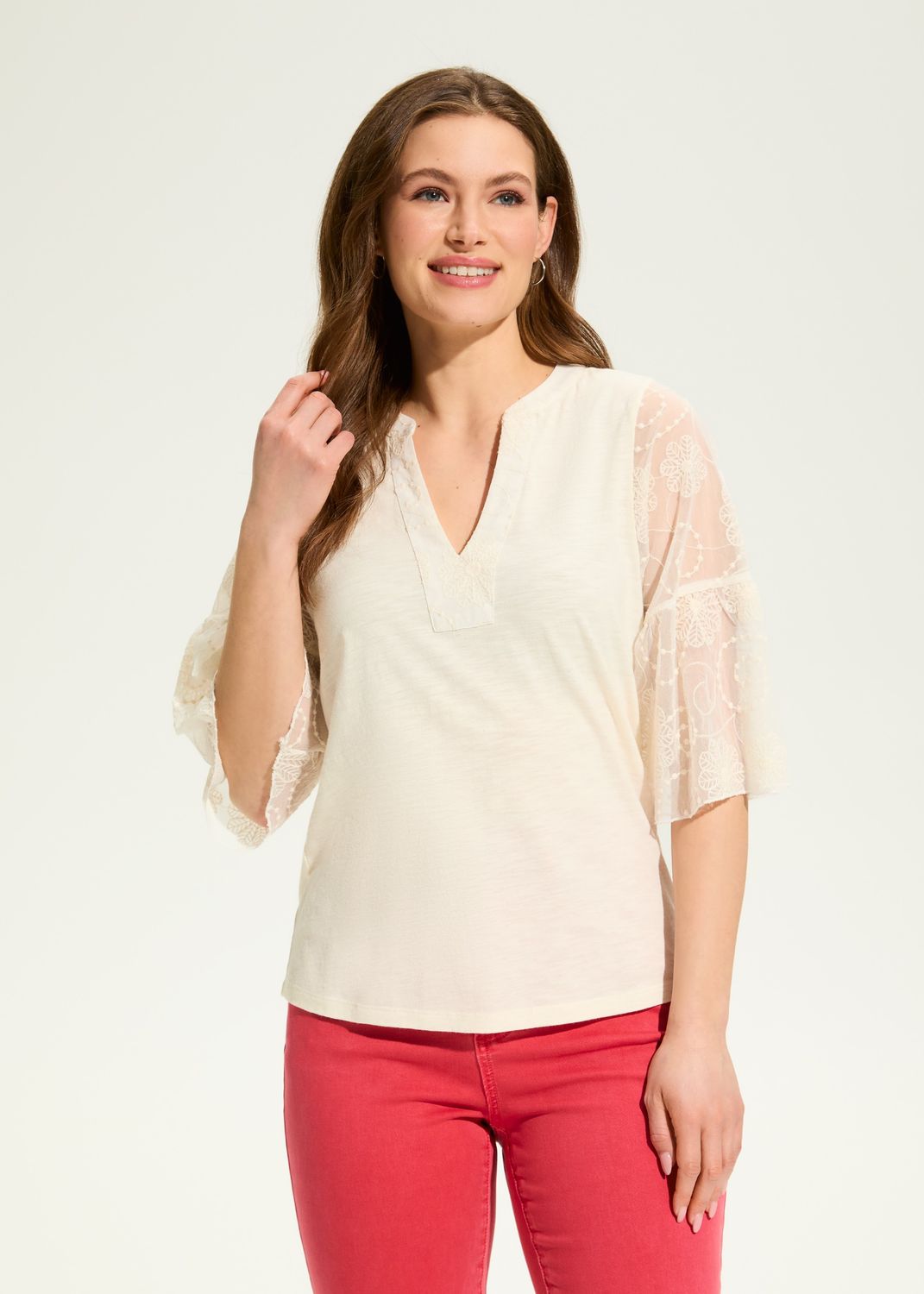 Ivory Floral Embroidered Mesh Bell Sleeve