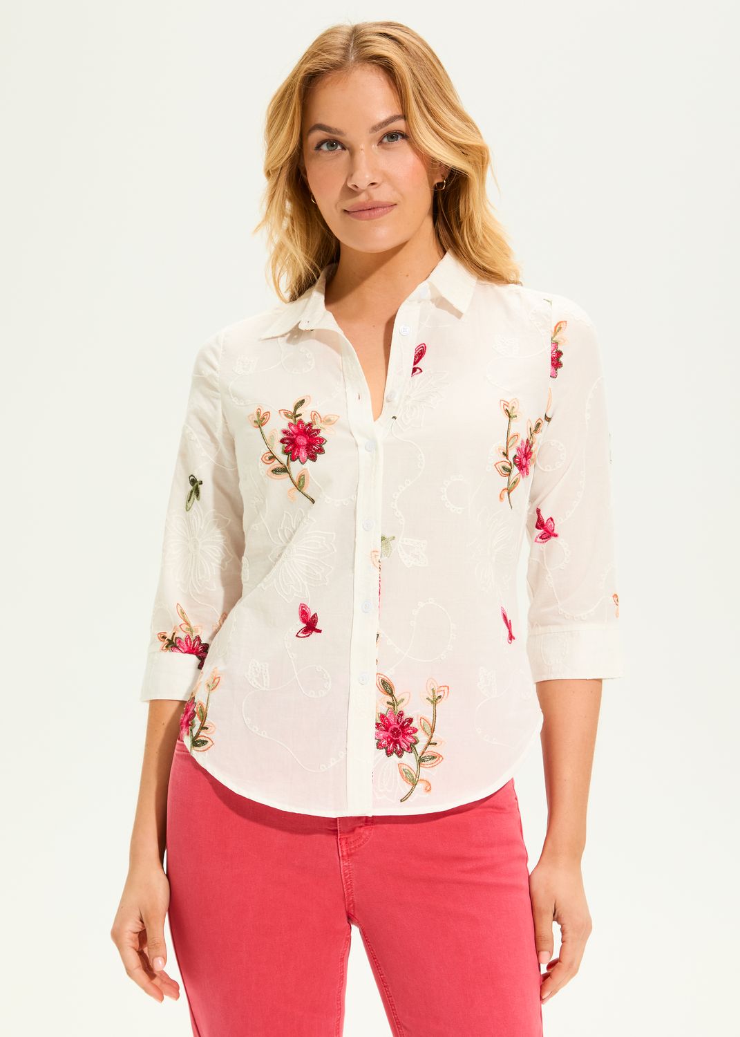 White Classic Voile Floral Embroidered Shirt
