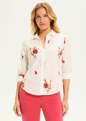 White Classic Voile Floral Embroidered Shirt