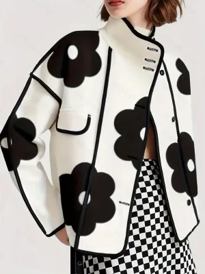 Stand Collar Floral Print Open Front Button Jacket
