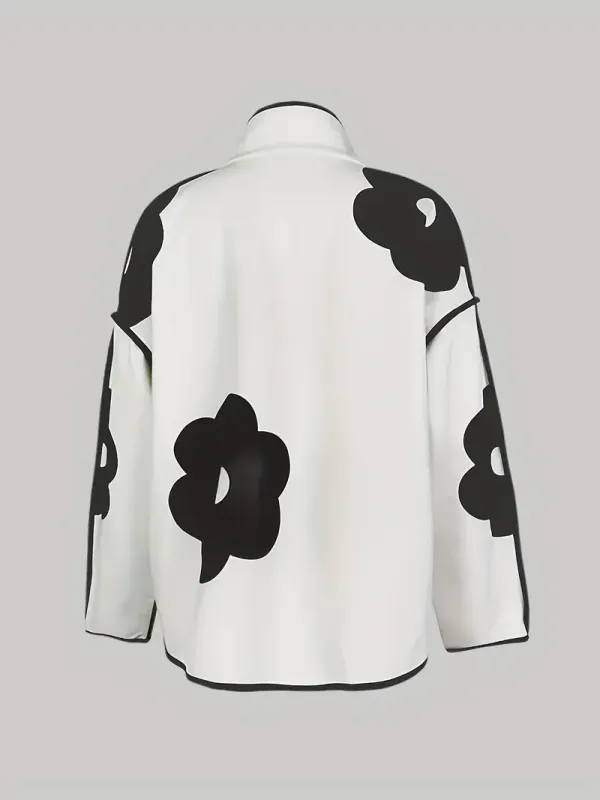 Stand Collar Floral Print Open Front Button Jacket