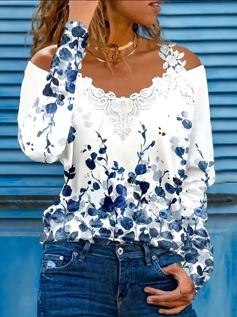 White Lace Open Shoulder Detail/ Navy Floral Print