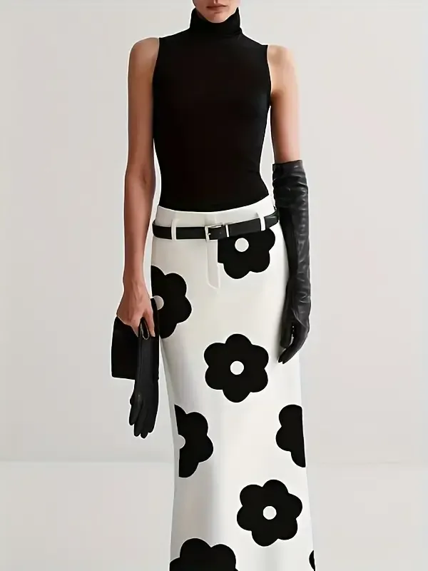 White/Bold Black Floral Long Skirt