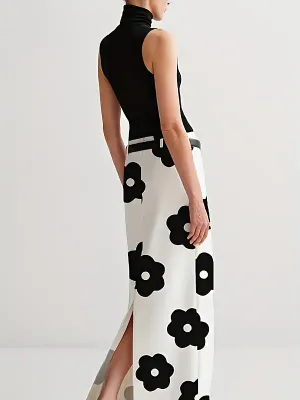 White/Bold Black Floral Long Skirt