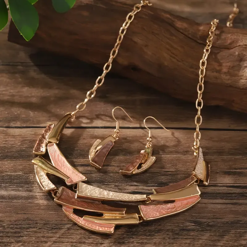 Gold/Bronze Geometric Link Earrings and Necklace Set