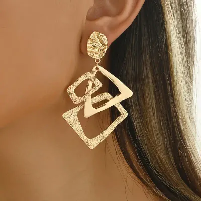 Hammered Texture Gold Geometric Dangle Earrings