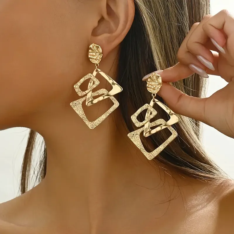 Hammered Texture Gold Geometric Dangle Earrings
