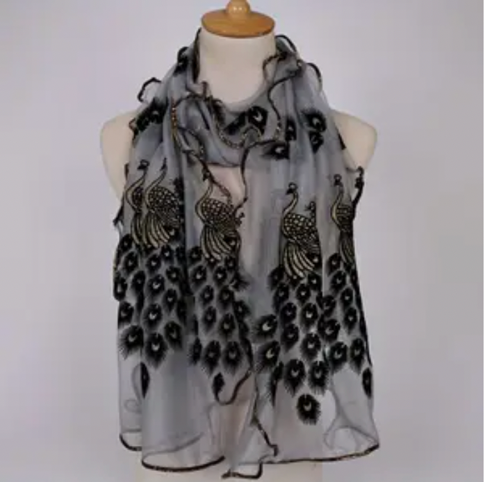 Smoke Grey Scarf /Black Velvet Peacock Design