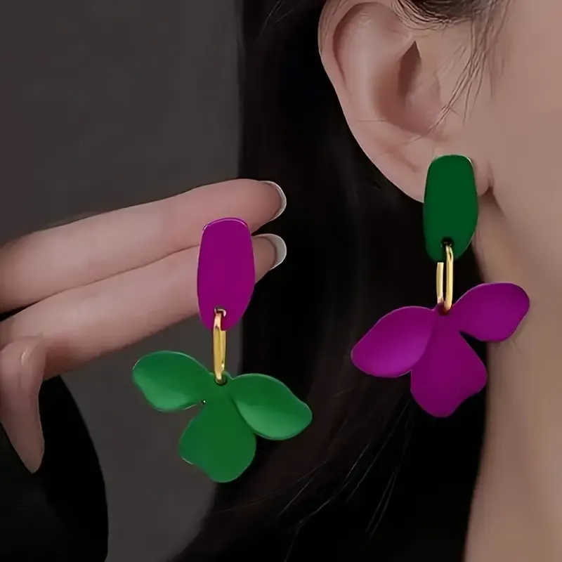 Asymmetric Purple &amp; Green Floral Dangle Earrings