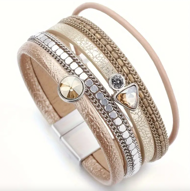 Golden Vegan Leather/Crystal/Chain Magnetic Bracelet