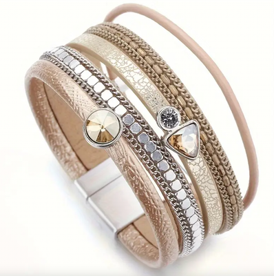 Golden Vegan Leather/Crystal/Chain Magnetic Bracelet