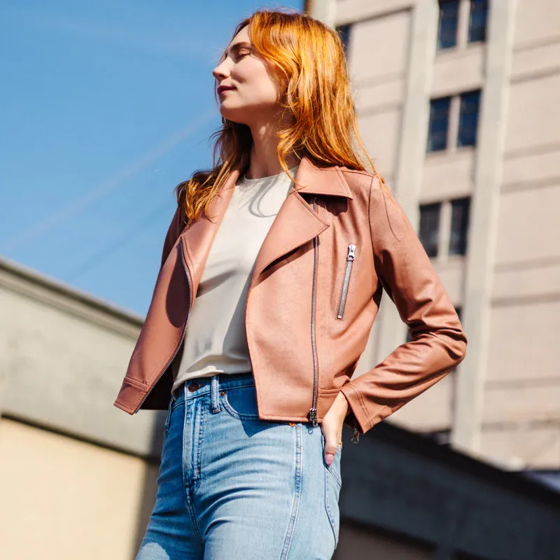 Camel Liquid Leather Zip Cuff Moto Waist Jacket