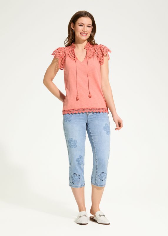 Clay Color Flutter Sleeve Placed Eyelet Top