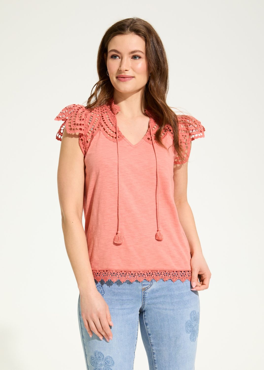 Clay Color Flutter Sleeve Placed Eyelet Top