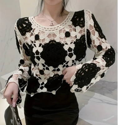 Handmade Open Crochet Black/Cream One Size Top