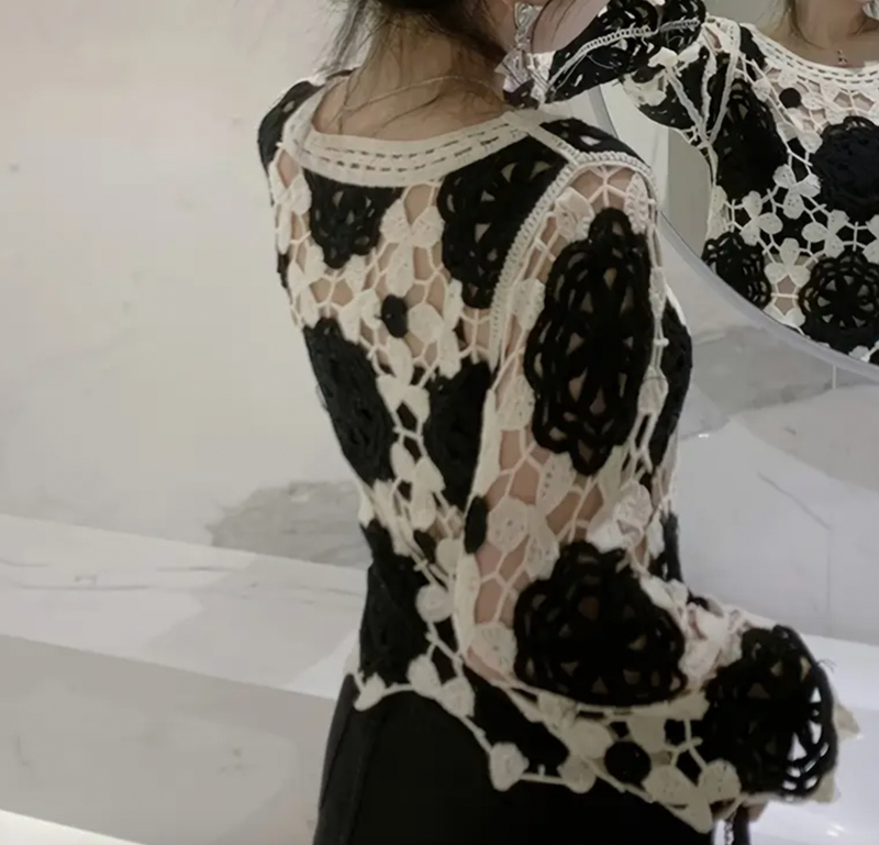 Handmade Open Crochet Black/Cream One Size Top
