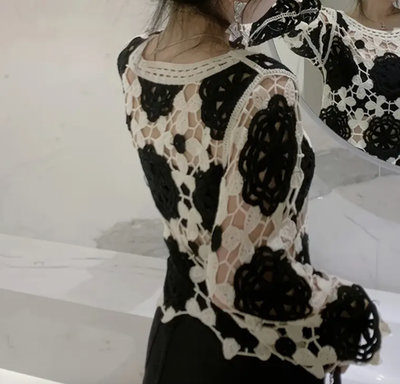 Handmade Open Crochet Black/Cream One Size Top