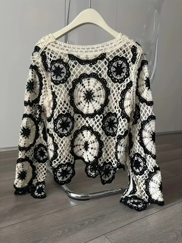 Handmade Open Crochet Black/Cream One Size Cover Up