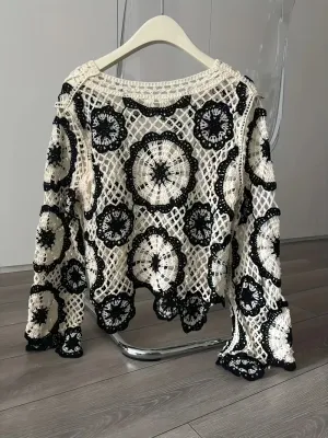 Handmade Open Crochet Black/Cream One Size Cover Up