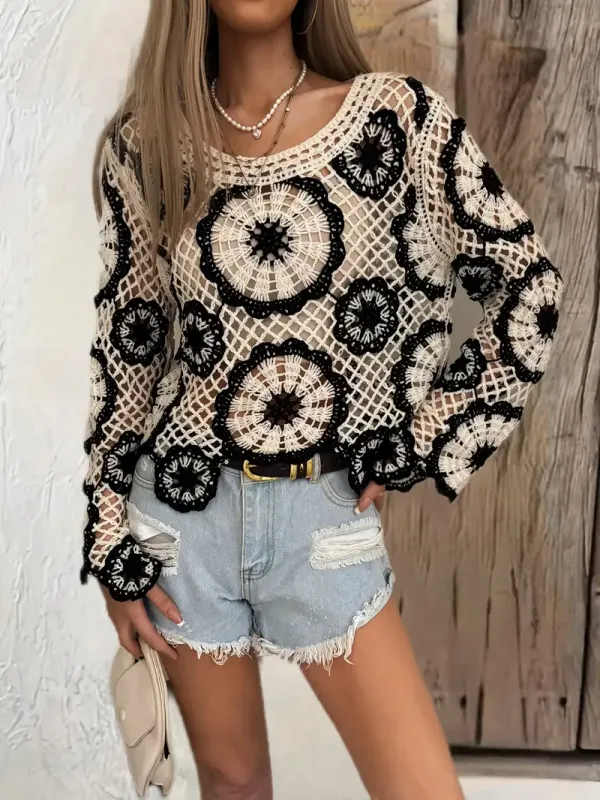 Handmade Open Crochet Black/Cream One Size Cover Up