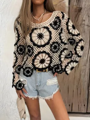 Handmade Open Crochet Black/Cream One Size Cover Up