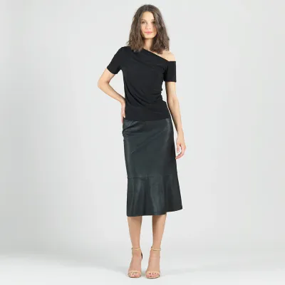 Black Angular Drape Neck Off Shoulder Top