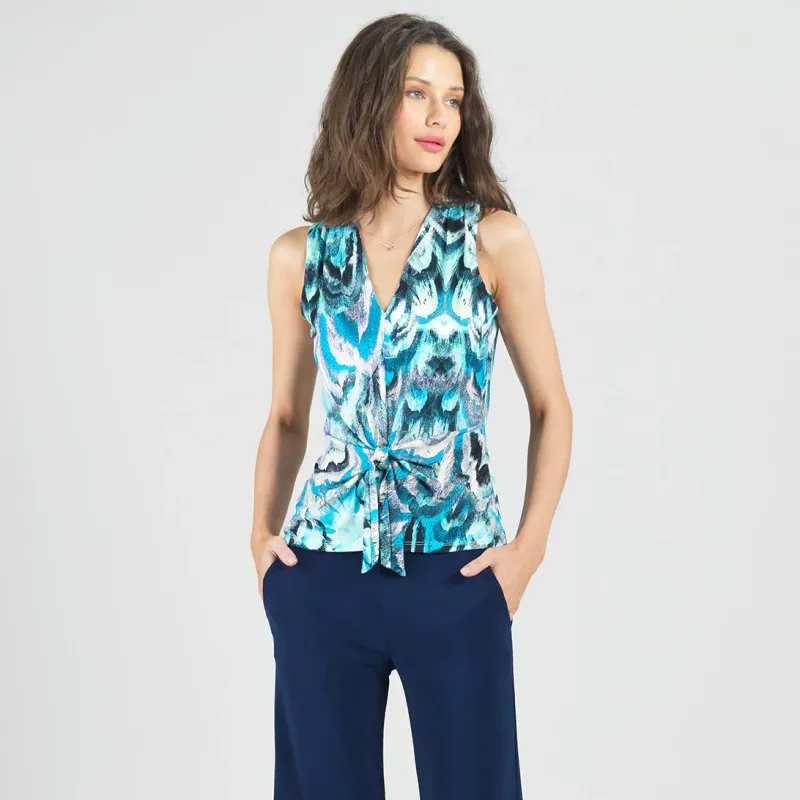 Abstract Prism Sleeveless V-Neck Front Tie Top
