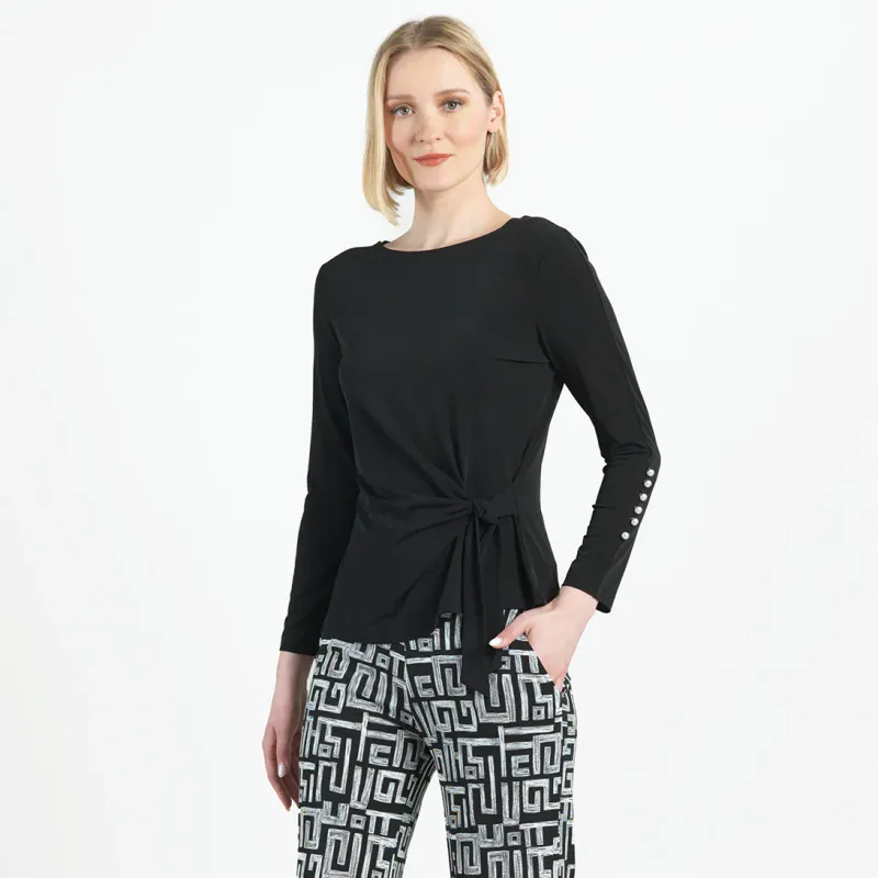 Black/Pearl Cuff Side Tie Waist Top
