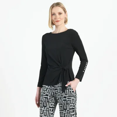 Black/Pearl Cuff Side Tie Waist Top