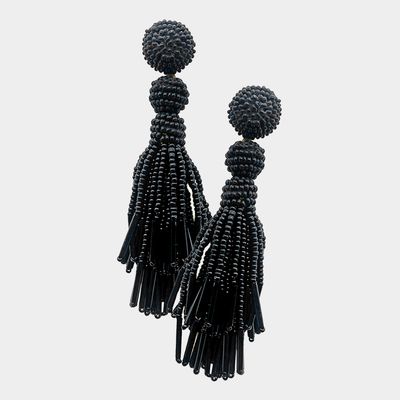 Black Tube Seed Beaded Tassel Dangle Earrings