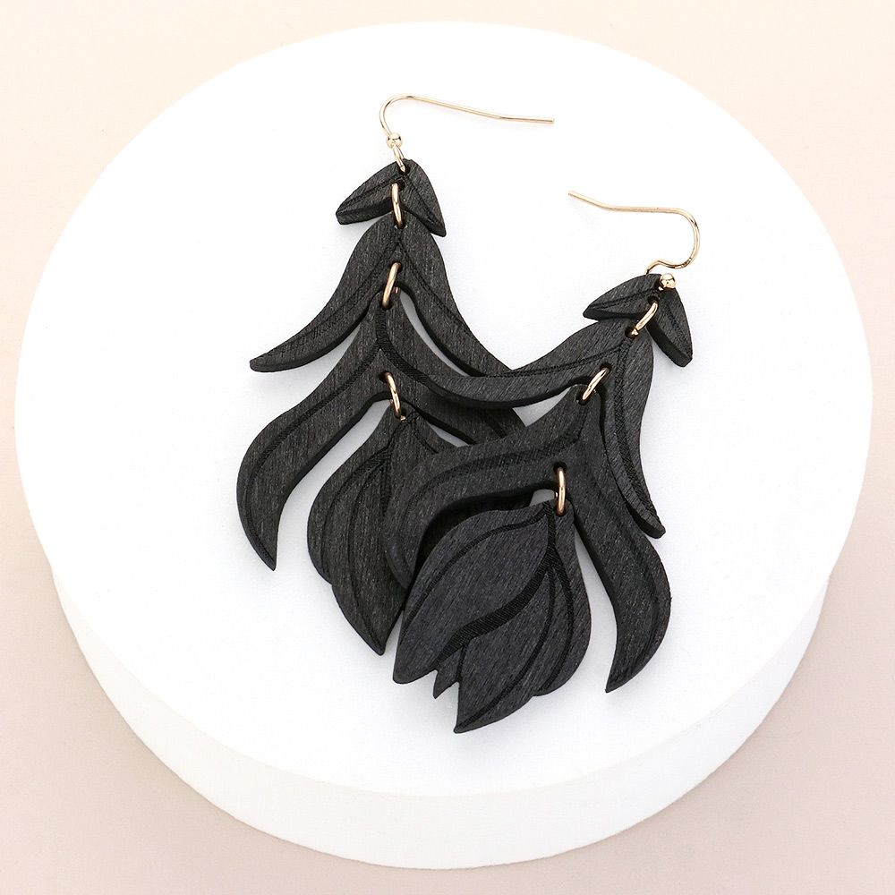Black Light-Weight Wood Flower Leaf Link Dropdown Earrings
