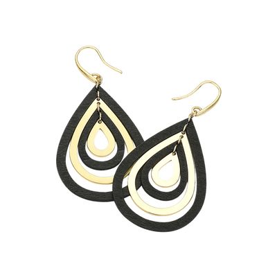 Black /Gold Wood Metal Teardrop Layered Dangle Earrings