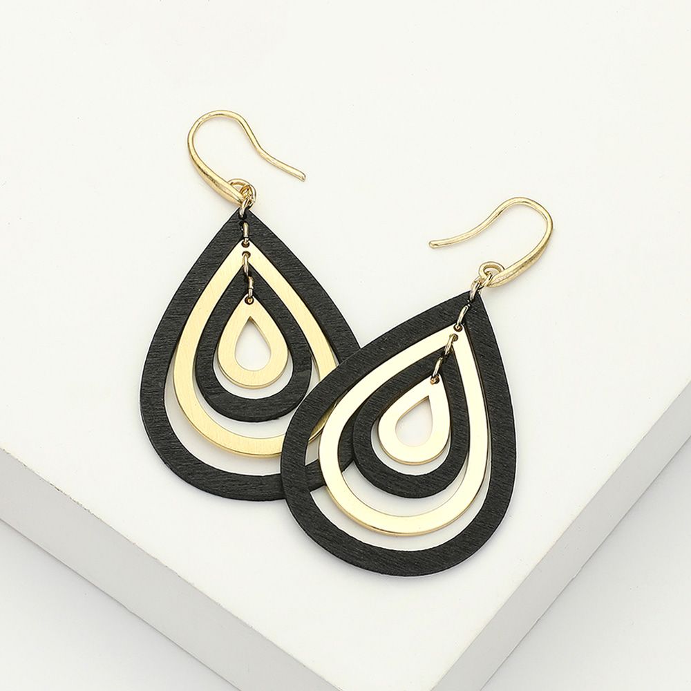 Black /Gold Wood Metal Teardrop Layered Dangle Earrings