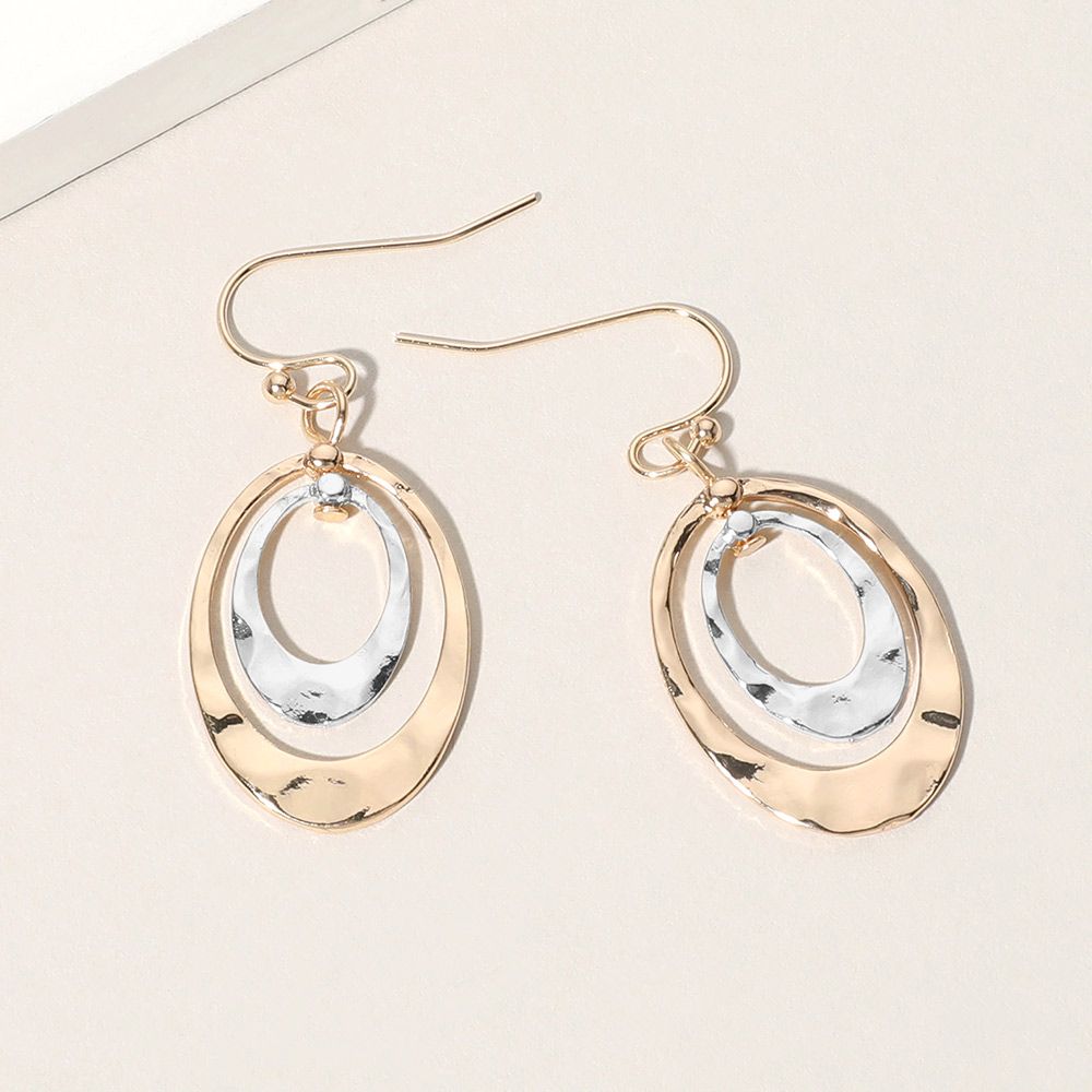 Hammered Metal Double Open Oval Dangle Earrings