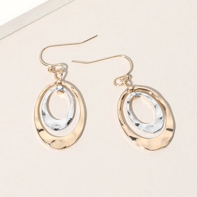 Hammered Metal Double Open Oval Dangle Earrings