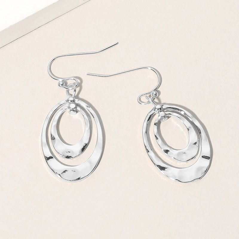 Hammered Metal Double Open Oval Dangle Earrings
