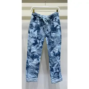 Blue Multi Floral Print Drawstring Crinkle Joggers