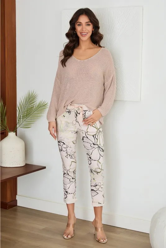 Blush Art Floral Print Crinkle Jogger Pants