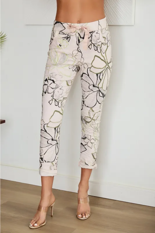 Blush Art Floral Print Crinkle Jogger Pants