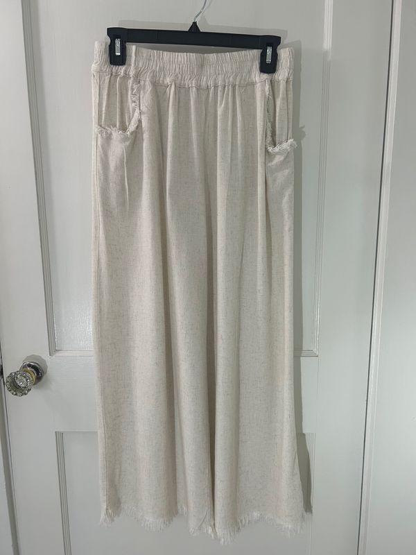 Oatmeal Pull On Washable Linen Blend Frayed Pant