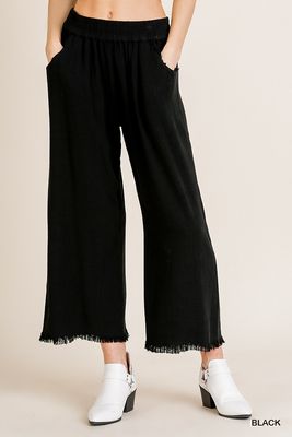 Black Pull On Washable Linen Blend Frayed Pant