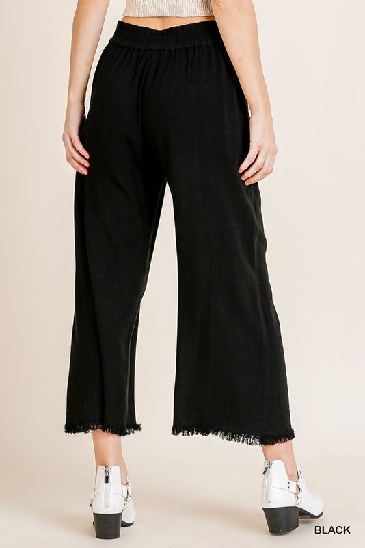Black Pull On Washable Linen Blend Frayed Pant