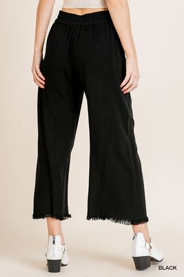 Black Pull On Washable Linen Blend Frayed Pant