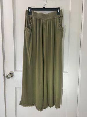 Olive Pull On Washable Linen Blend Frayed Pant